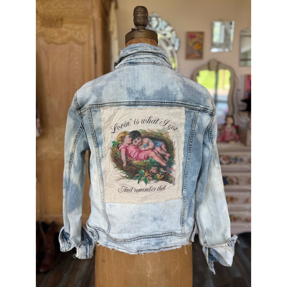 One of a Kind Bleached Distressed Denim Jacket Vintage Love Art Patch Small - Picture 13 of 13